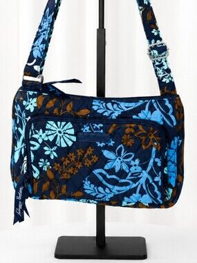 👜 Vera Bradley Crossbody Bag | Navy Blue Floral Brown | Zip Front Shoulder Bag